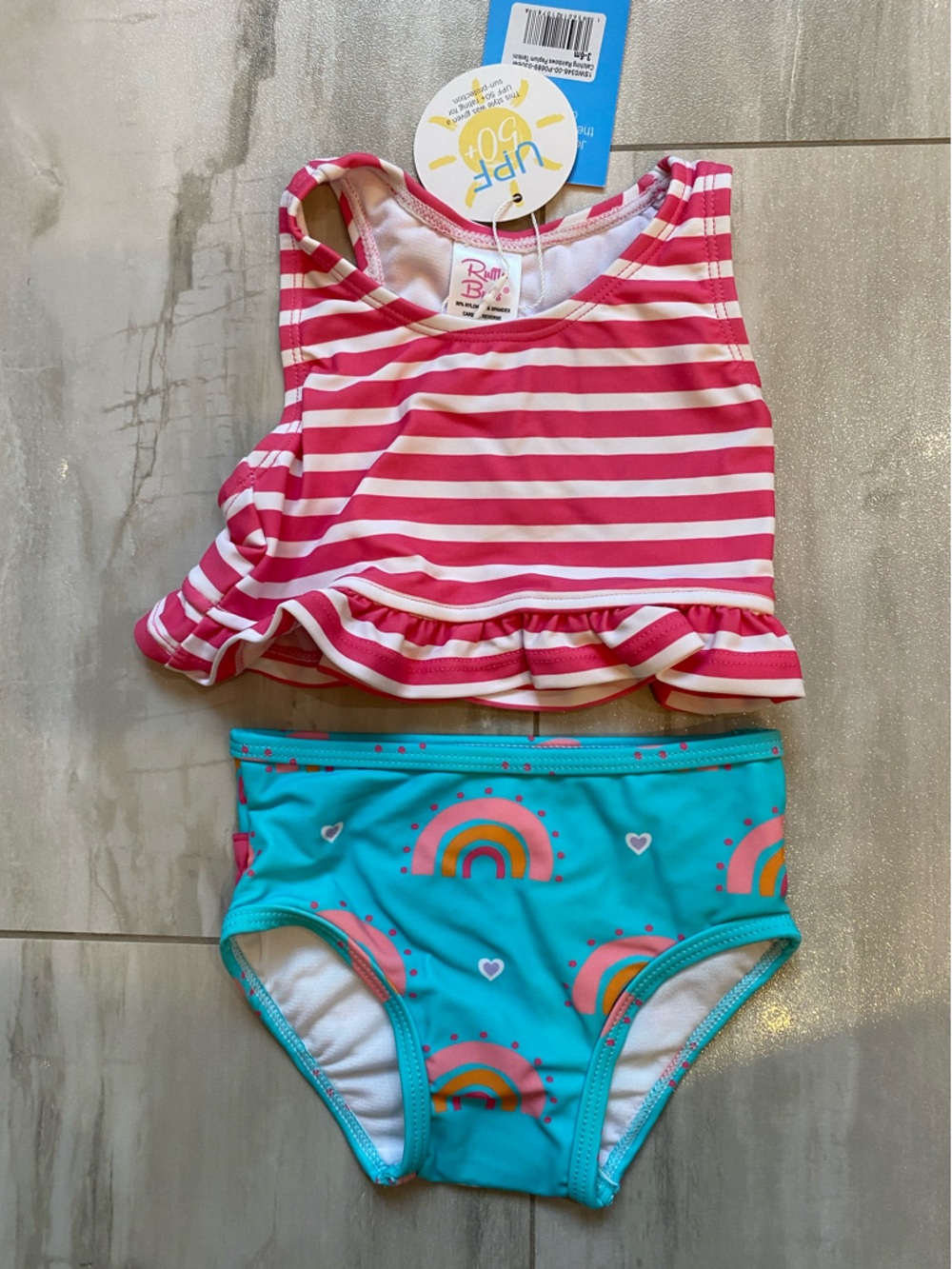 NWT RuffleButts Colorful Chasing Rainbows Striped Peplum 2-Piece Tankini 3-6M